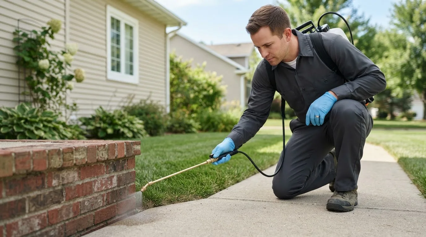 Pest control technician treating a home near Highland, CA