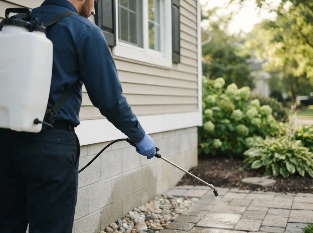 Pest control technician inspecting a home in Highland, CA